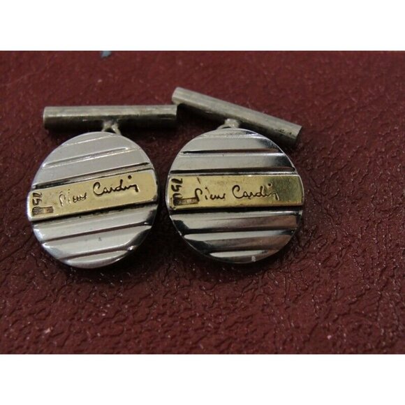 Pierre Cardin 18K Gold & 925 Sterling Silver Round Cufflinks Chain Links - Picture 9 of 11